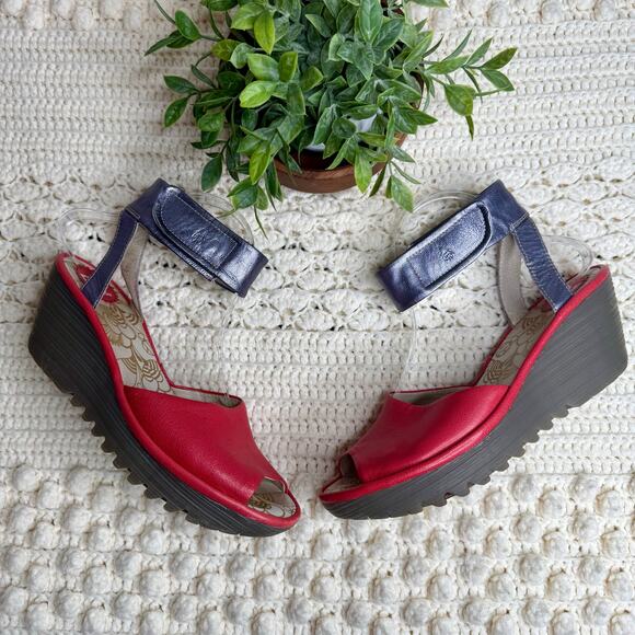 FLY LONDON Women's 40 US 9 YULA Leather Wedge Sandal Red Pewter Ankle Strap - Picture 5 of 16